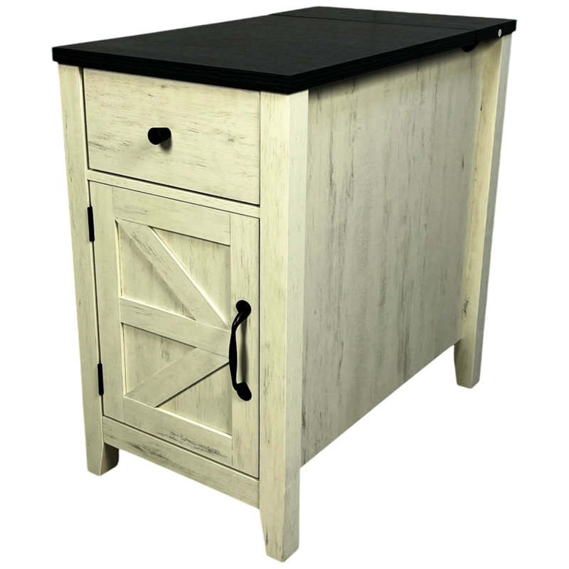 White+Black Side Table With Charging. Modern And Practical For Bedroom Living Charging Ports. Versatile Area