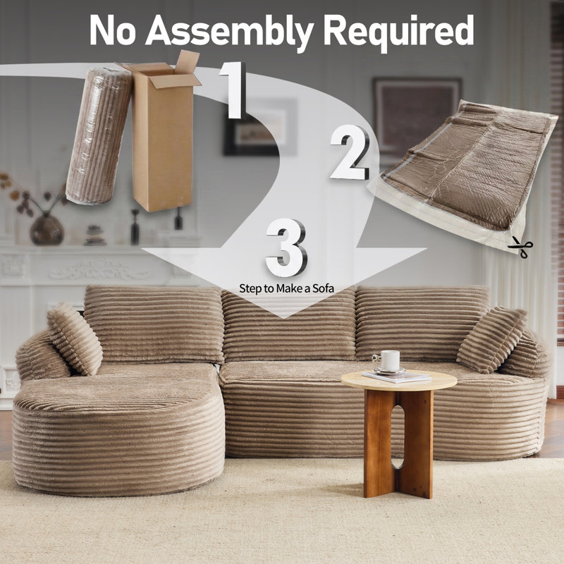 Boneless 100'' W 3-Seat Round Arm Corduroy Curved Boneless Couch, Brown