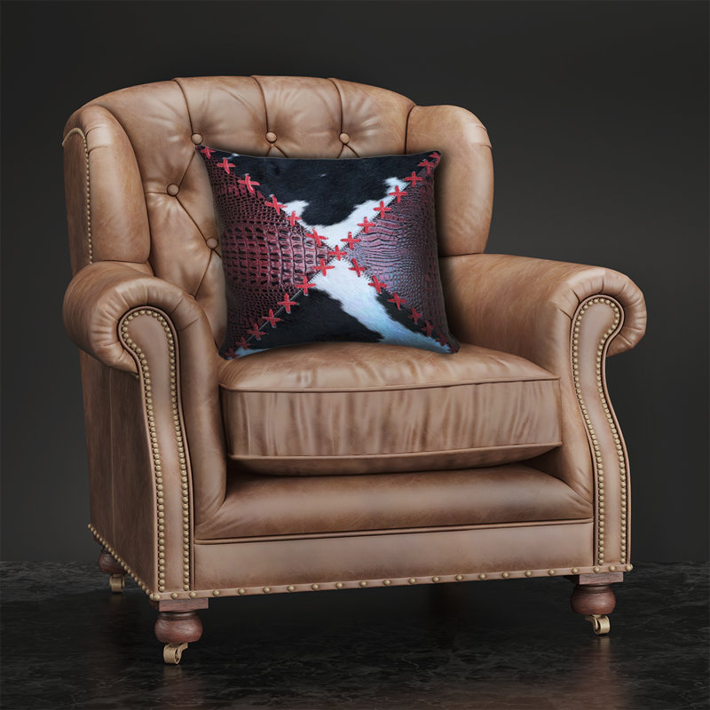 Cowhide & Leather Cushion Cover with Decorative Stitching, Red/Black/White