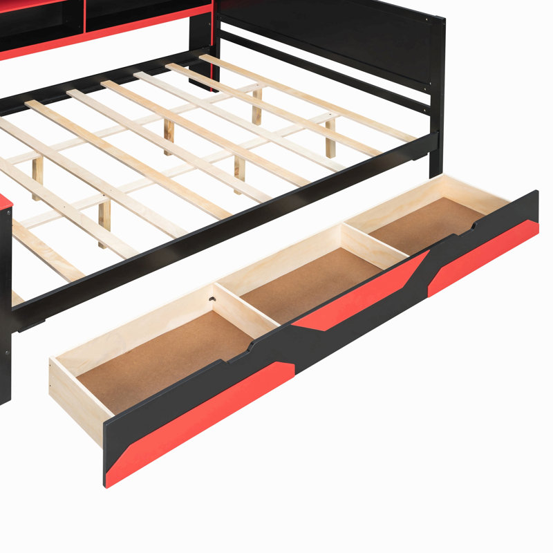 Lit de jour grand format avec bureau et lumières intégrés, base de lit en bois moderne avec 3 tiroirs de rangement et station de charge intégrée, bibliothèque multifonctionnelle pour tête de lit