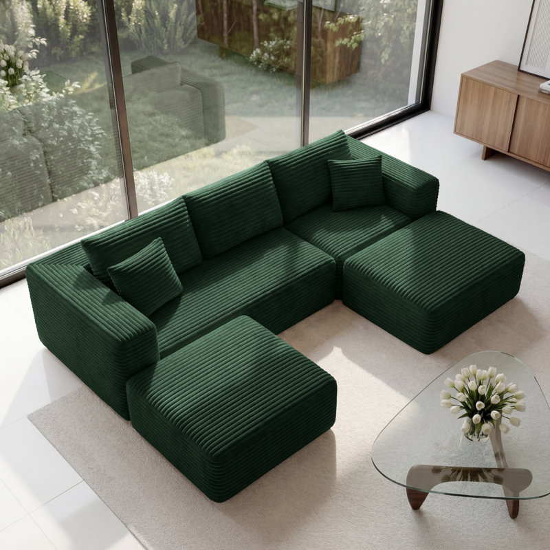 U-Shaped Modular Sectional Sofa, 3-5 Seater Cozy Washable Corduroy Couch, Dark Green Corduroy