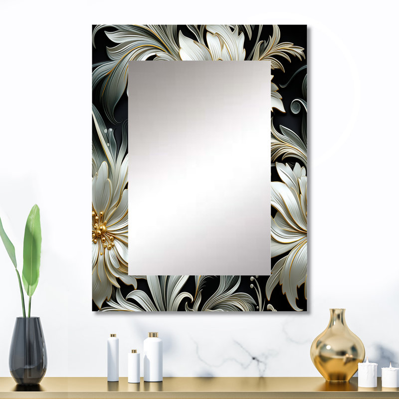 Burgeo, motif de fleurs grises et noires exotiques - miroir décoratif floral, miroir mural de maison de campagne, impression d'art en métal