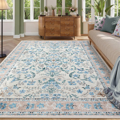 Area Rug 9x12 for Living Room, Washable Non Slip Low Pile Rugs, Floral Soft Carpet for Living Room, Bedroom, Dining Room, Blue