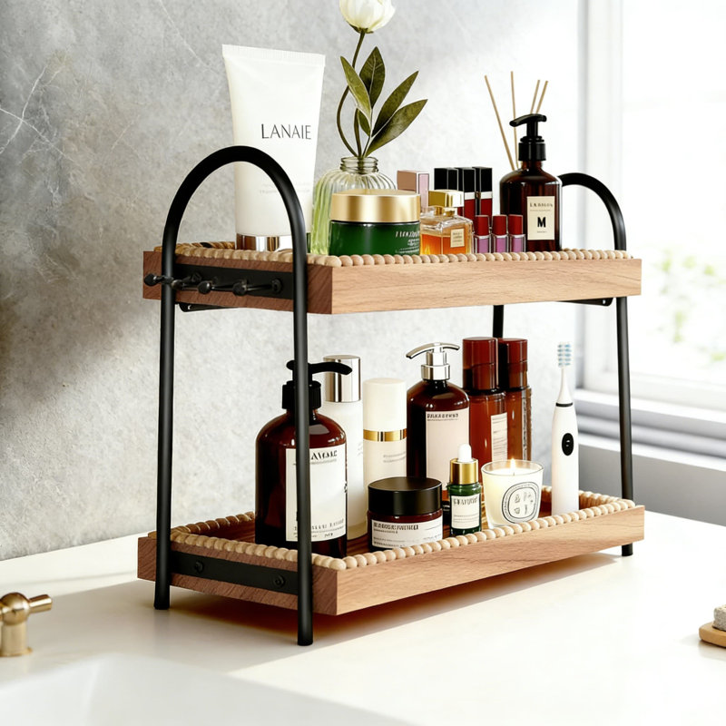 2-Tier Perfume And Makeup Organizer With Jewelry Hooks, Large Bathroom Vanity Tray And Countertop Shelf For Skincare Bottles, Durable Paulownia Wood Storage For Dresser, Coffee Bar And Entryway