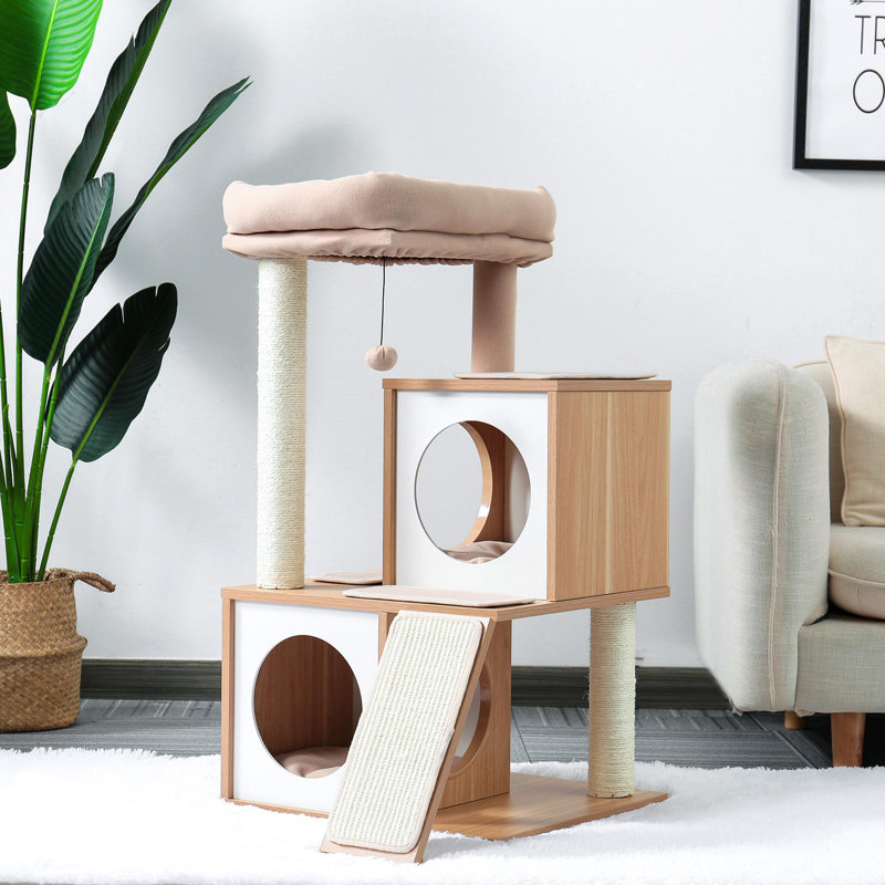 Cabane dans un arbre à chat de 35 pouces en bois de taille moyenne, Beige