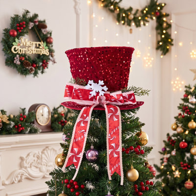Sequin Christmas Tree Topper Hat with Bow & Snowflake