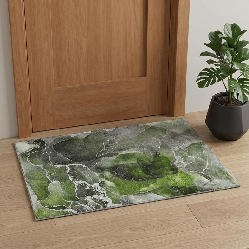 3' X 5' Green And Charcoal Abstract Washable Area Rug With UV Protection