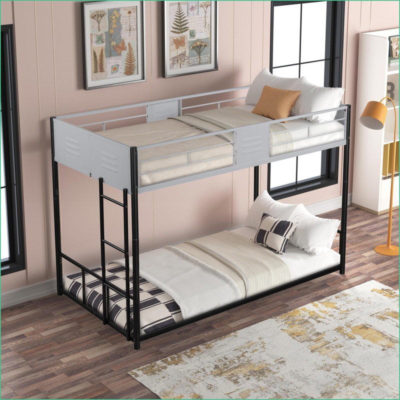 Twin Over Twin Metal Bunk Bed - Convertible, Silent Slats, Vented Guardrail, No Box Spring, Black &amp; Grey