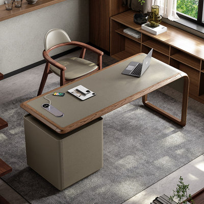 70.87"Modern Minimalist Desk with Solid Wood Frame, Saddle Leather Top, Side Cabinet and Built-in Power Strip
