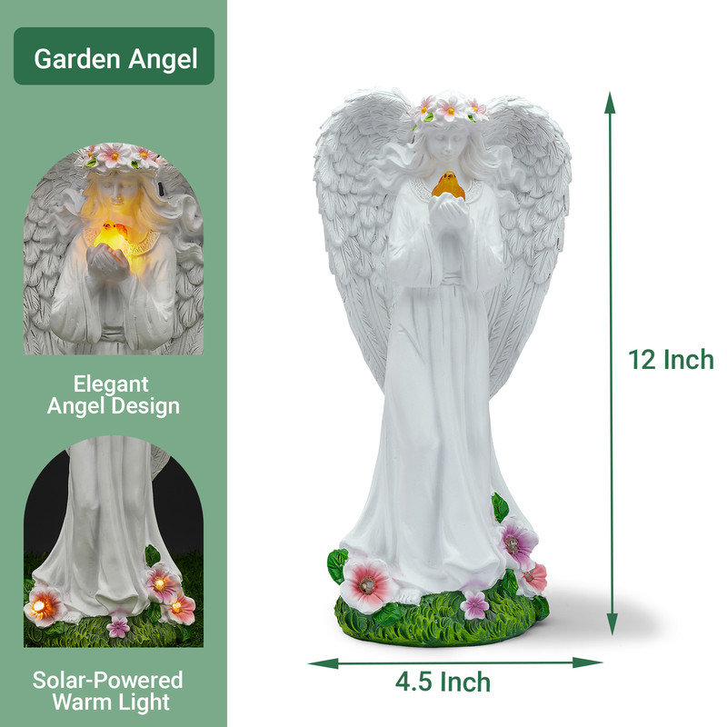 Statue ange d'extérieur 12 pouces avec oiseau