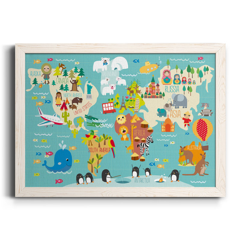 Carte du monde des enfants - cadre photo, impression sur toile, H 31 po x l 44 po x P 1 po, Toile blanche encadrée
