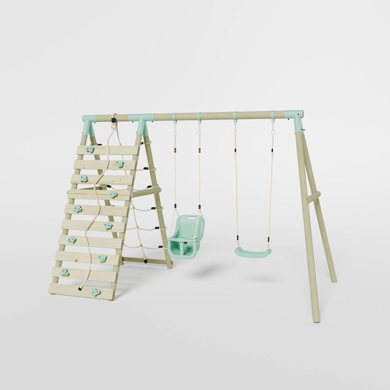 Mercia Wooden Round Pole Single Swing & Baby Seat Swing With Climbing Wall