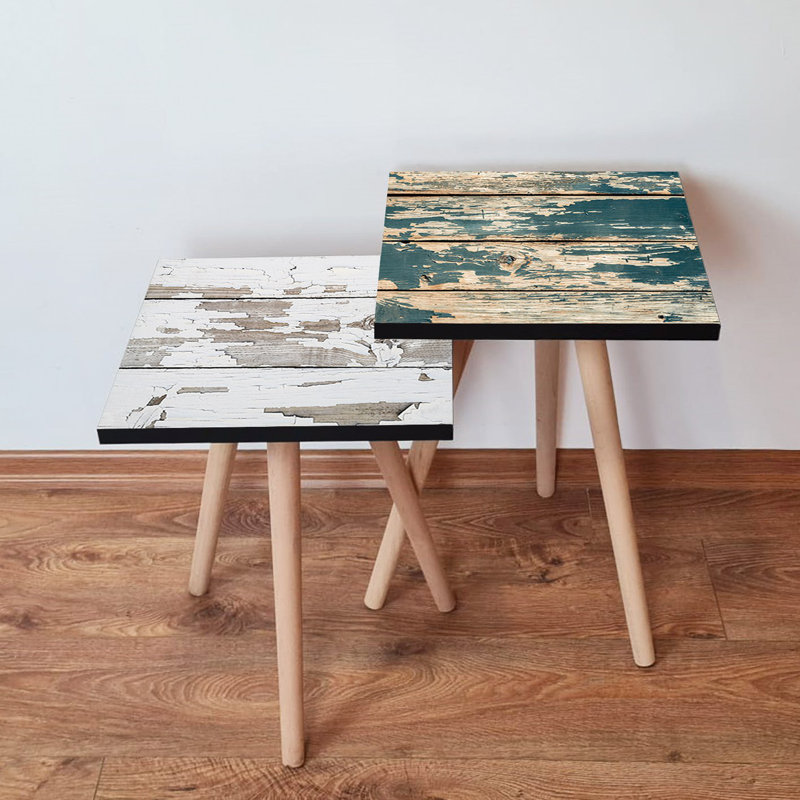 Modern Nesting Table Set (2 Pieces), White & Grey with Green & Camel Accents, 13.8 x 18.5 x 13.8 in (Large) & 13.8 x 16.5 x 13.8 in (Small) | 100% MDF with Beech Wood Legs, Stylish & Functional Design for Contemporary Living Spaces