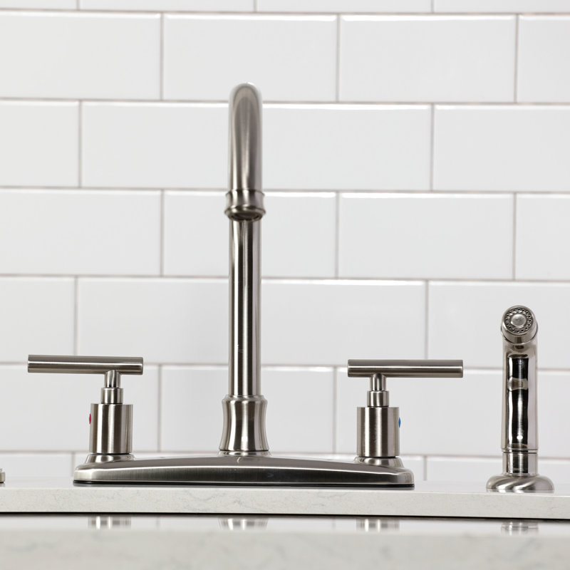 Kingston Brass Manhattan Two-Handle 4-Hole 8" Centerset Kitchen Faucet with Side Sprayer, Brushed Nickel