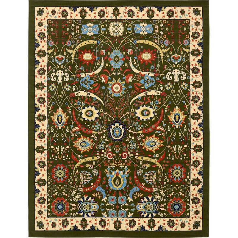 Tapis vert à motif floral Britannia, Rectangle 9 pi x 12 pi 2 po