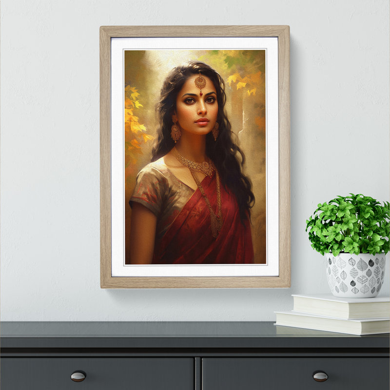 Indian Woman Classicism - Single Picture Frame Print on Wood, 46cm H x 34cm W x 2cm D, Oak 
