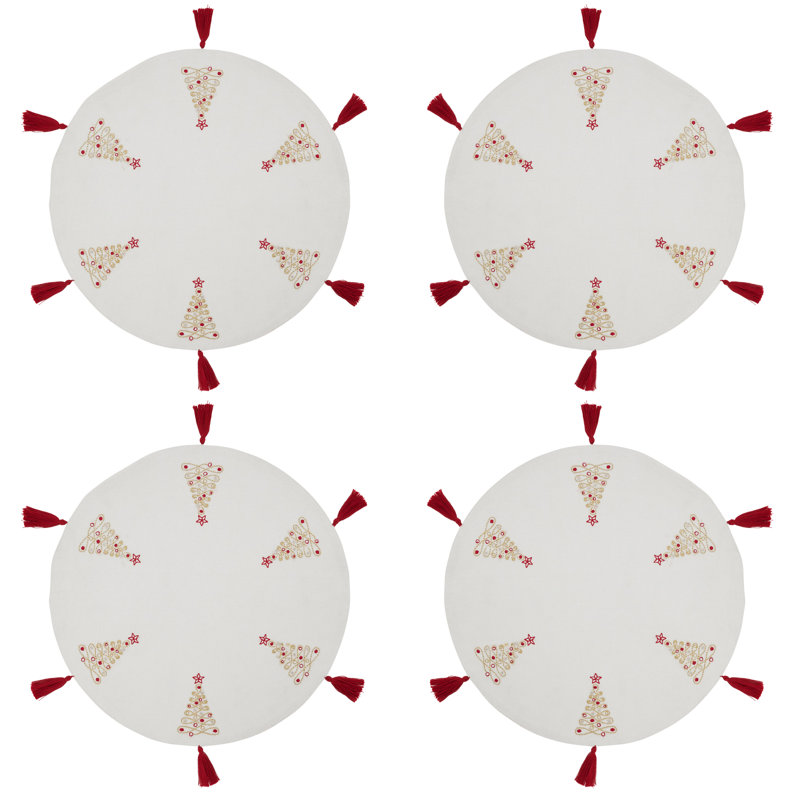 Round White Cotton Placemats with Red Embroidered Christmas Trees, Set of 4