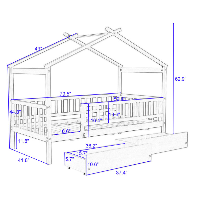 Lit maison 2 tiroirs, Naturel, Simple