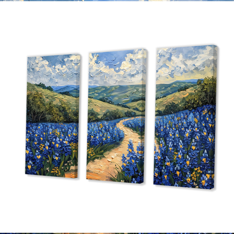 «Blue Green Meadow Charm Blue Bonnets V - Blue Bonnets», ensemble d'art mural, Toile tendue, H 32 po x l 48 po
