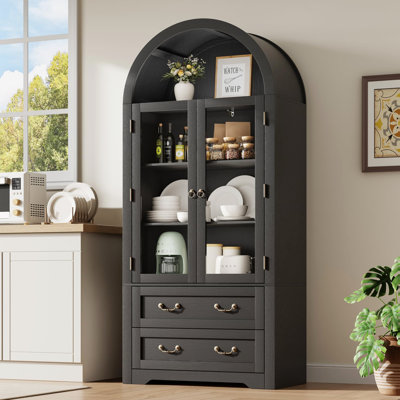 Black Arched Display Cabinets, 71'' H Tall Storage Cabinet With Glass Doors & Adjustable Shelves, For Dining Room