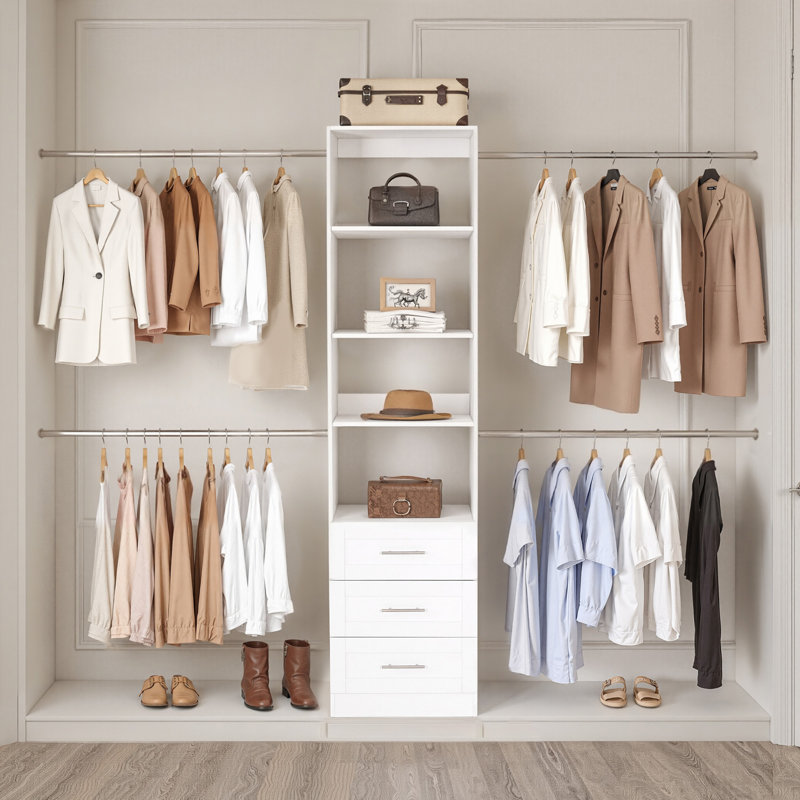 Closet System with 3 Drawers, Adjustable Height Wooden Closet Organizers, Modern Walk-in Wardrobe Organization with 4 Retractable Clothes Hanger Rods, Freestanding Garment Rack Storage, White