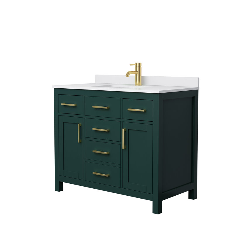 Beckett 42" Freestanding Single Bathroom Vanity with Cultured Marble Top, White Cultured Marble, Brushed Gold, Green