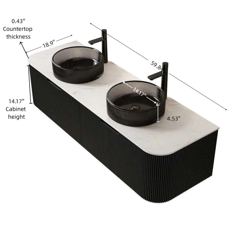 Meuble-lavabo 60 po avec 2 tiroirs et lavabos ronds noirs transparents, pré-assemblé, noir, armoire en contreplaqué à rayures 3D, tiroirs de conception contemporaine, espace de tiroir généreux