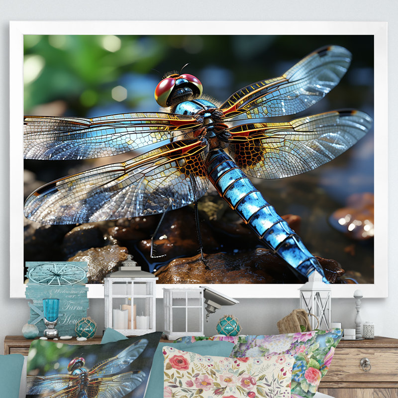 «Blue Fluttering Dragonfly I», art mural libellule, Cadre de coin blanc fermé, H 30 po x l 40 po x P 1,5 po