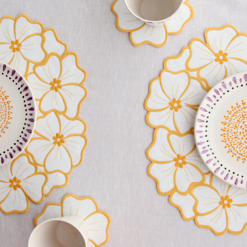 Chrsitine Linen Embroidered Round Table Runners, Yellow