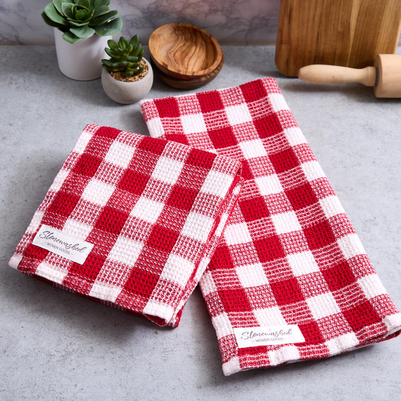  Ensemble de 2 serviettes de toilette gaufrées délavées, damier olive, Rouge