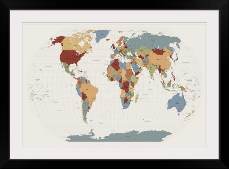 «World Map» par Bellen, impression, H 28 po x l 38 po x P 1 po, Cadre noir