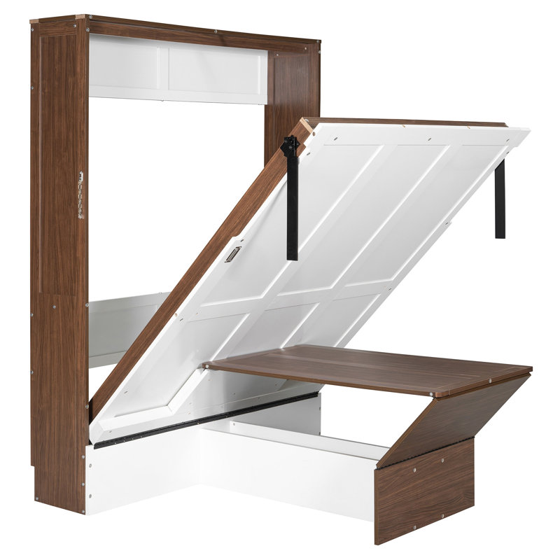 Lit escamotable double avec bureau pliable - Lit escamotable mural - Noyer et blanc, White