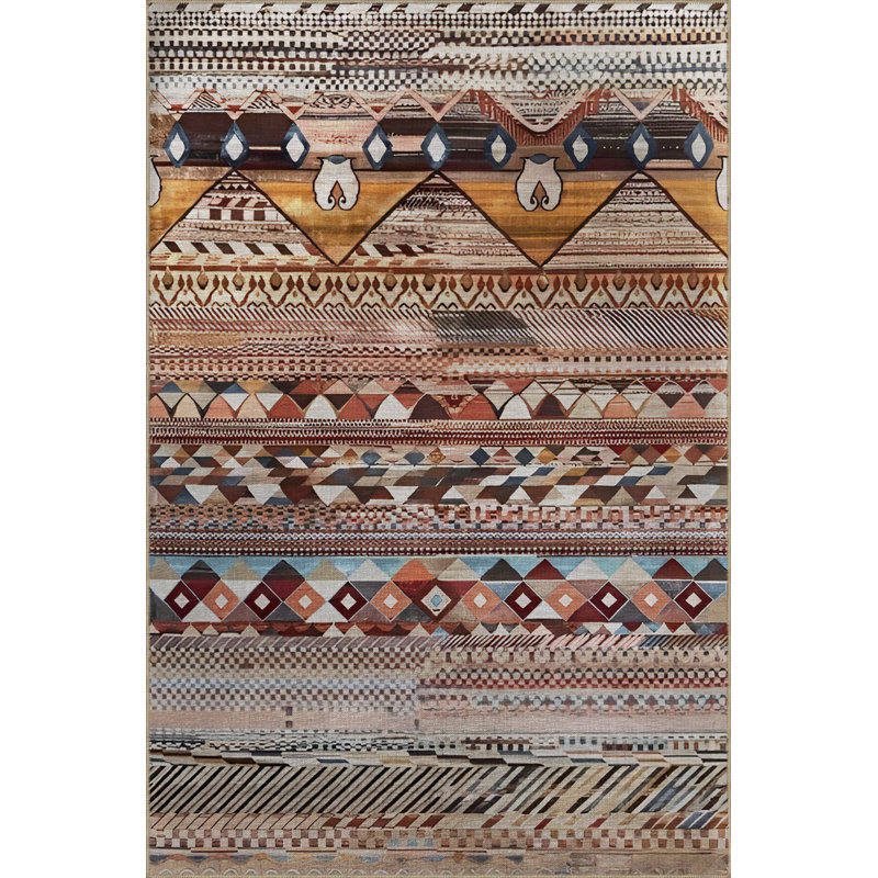 Multi-Colored Stripe Section Pyramid and Mixed Shape Patterned Modern Decorative Rug, Runner 3'3.37" x 6'6.74"