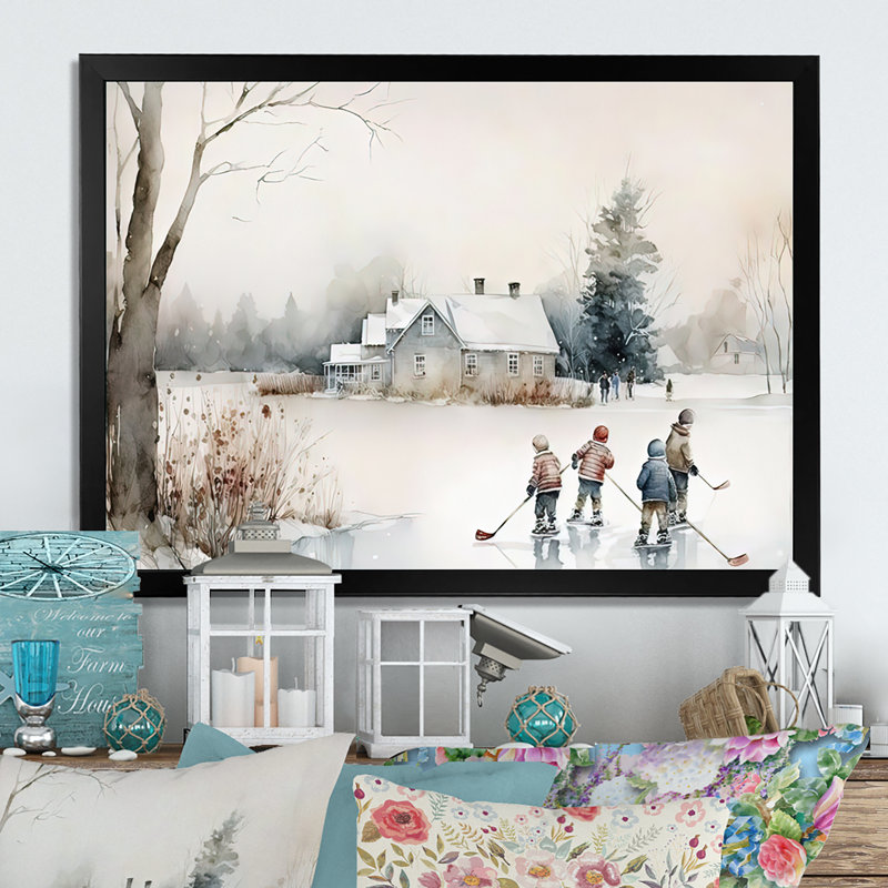Enfants jouant au hockey en hiver II, Impression noire sur toile encadrée, H 24 po x l 32 po x P 1 po