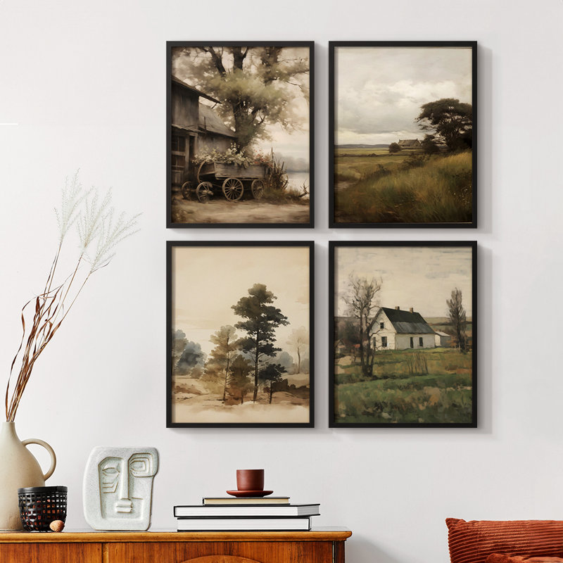 «Vintage Landscape», reproduction encadrée - ensemble de 4, Cadre noyer, H 14 po x l 44 po