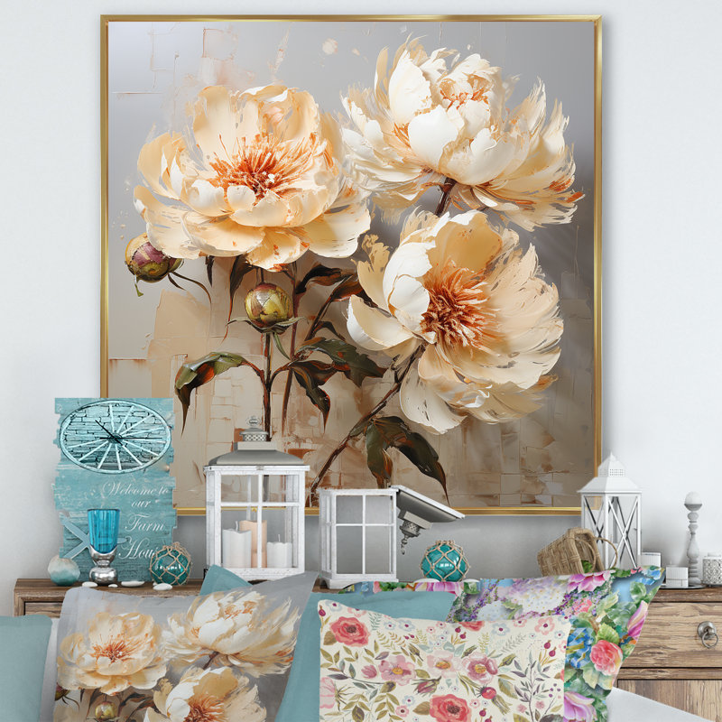 Décoration murale pivoines douces - pivoines, H 16 po x l 16 po x P 1 po, Cadre flottant doré