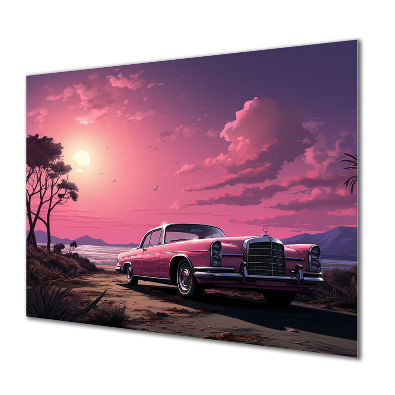 Rose Cadillac sur la plage au coucher du soleil II - voiture, art mural américain en métal, H 24 po x l 32 po x P 1 po