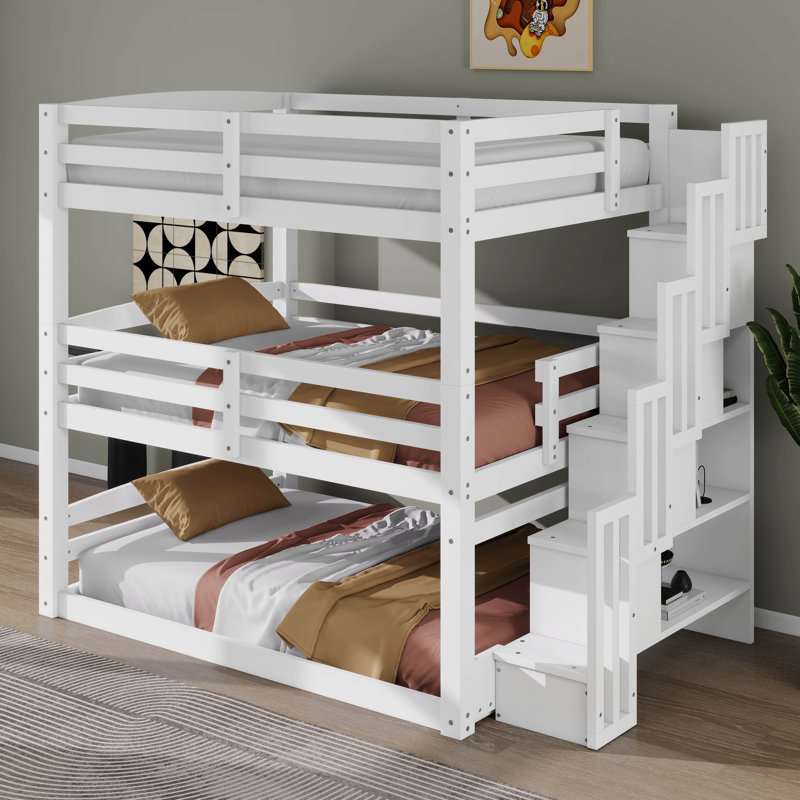 Lit superposé triple double avec escalier de rangement et garde-corps pleine longueur, lit séparé en 1, support à lattes pour les adultes