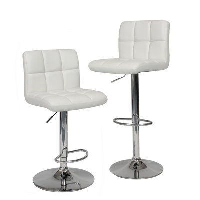 Tabourets de bar réglables blancs et hydrauliques de 2 - Revêtement en similicuir, base chromée et repose-pieds pour une expérience d'assise extraordinaire avec siège pivotant sur 360 degrés et facile à utiliser