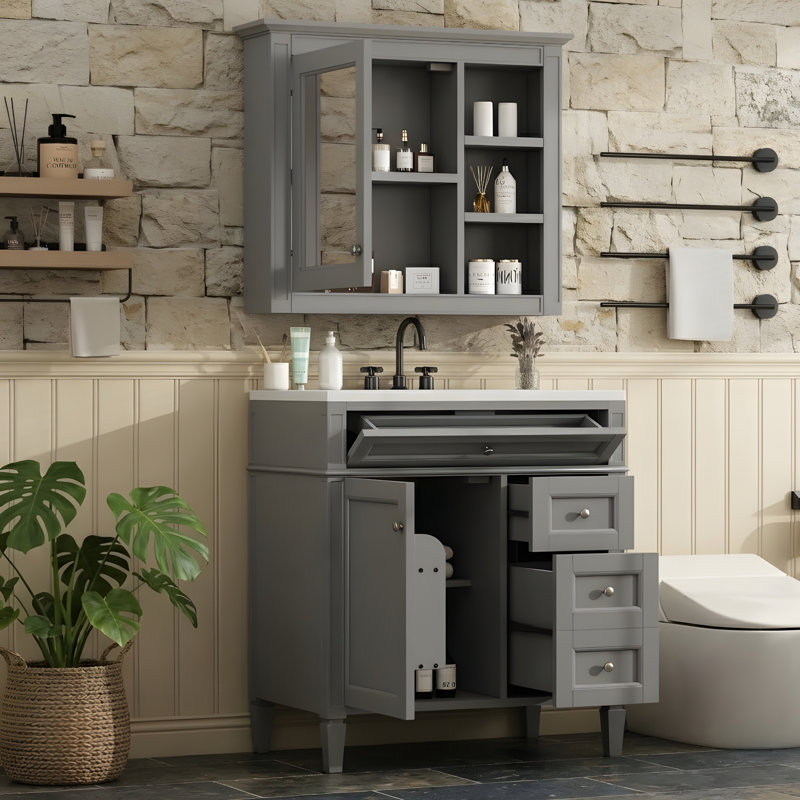 Meuble-lavabo de 30 po avec lavabo en céramique et armoire à pharmacie, Gris