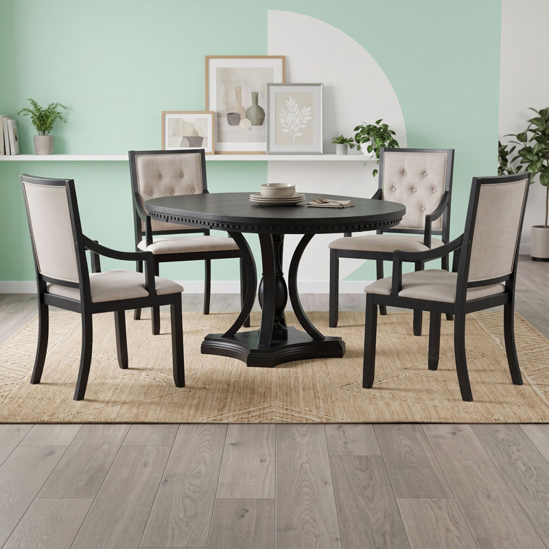 Ensemble de salle à manger rétro extensible rond de 5 pièces avec chaises, Chêne noir
