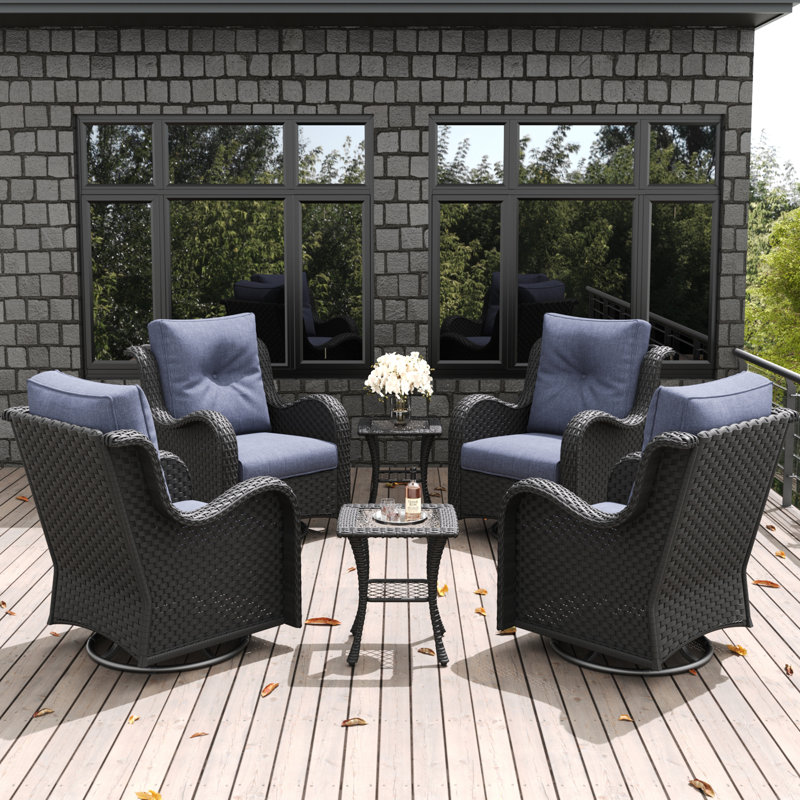 LayinSun 6 Pieces Swivel Rocker Patio Chairs Set With Side Table, Navy, Black