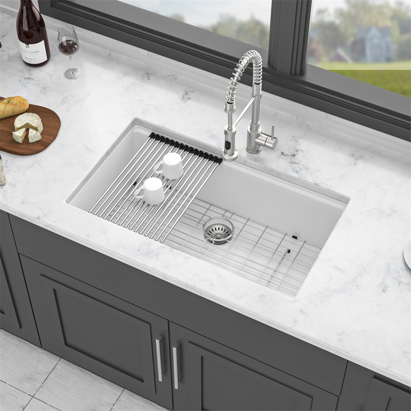 Quartz Kitchen Sink - 30" X 19" X 9.65" White Granite Composite Workstation Undermount Kitchen Sink, White