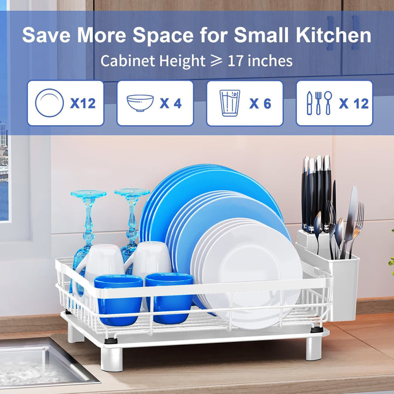 Stainless Steel Dish Drying Rack with Removable Utensil Holder, White