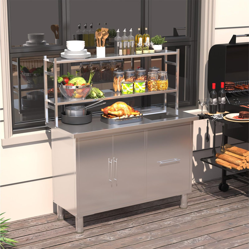 Stainless Steel Prep Table With Trash Bin Cabinet