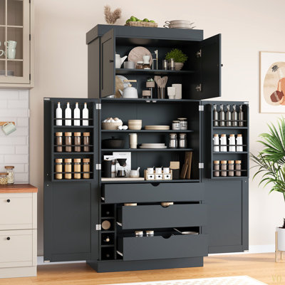 Garde-manger autoportant de 77 po de hauteur, armoire de rangement moderne de style Shaker de l 35 po x L 17,7 po avec tablettes réglables, tablettes de porte, tiroirs et porte-bouteilles