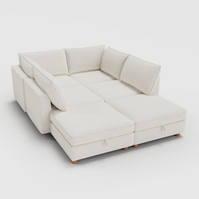 99" Modular Sectional Sofa Bed, 6-Seater Chenille Sleeper Sofa with Storage, Washable Covers & Movable Ottoman, Convertible U/L Shaped Modular Couch for Living Room