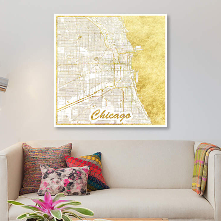 « chicago gold feuille urban blueprint map », reproduction d’impression sur toile, H 37 po x l 37 po x P 1,5 po, Toile tendue