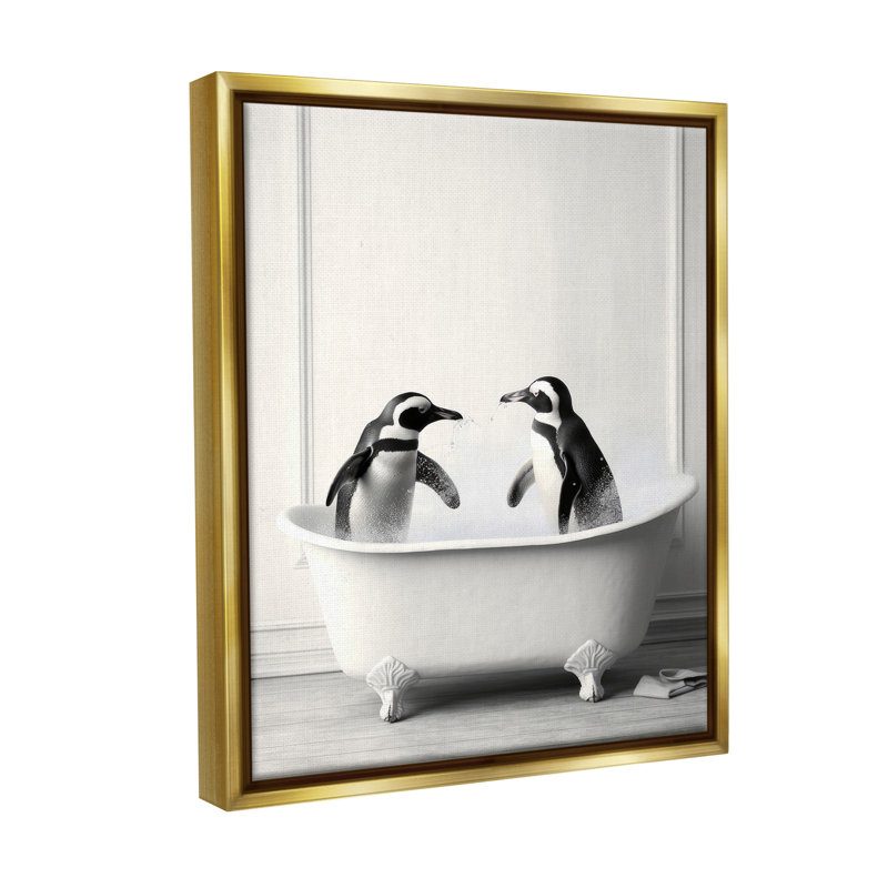 "Penguin Duo In Bath" par Lazar Studio sur toile, Cadre flottant métallique doré, H 21 po x l 17 po