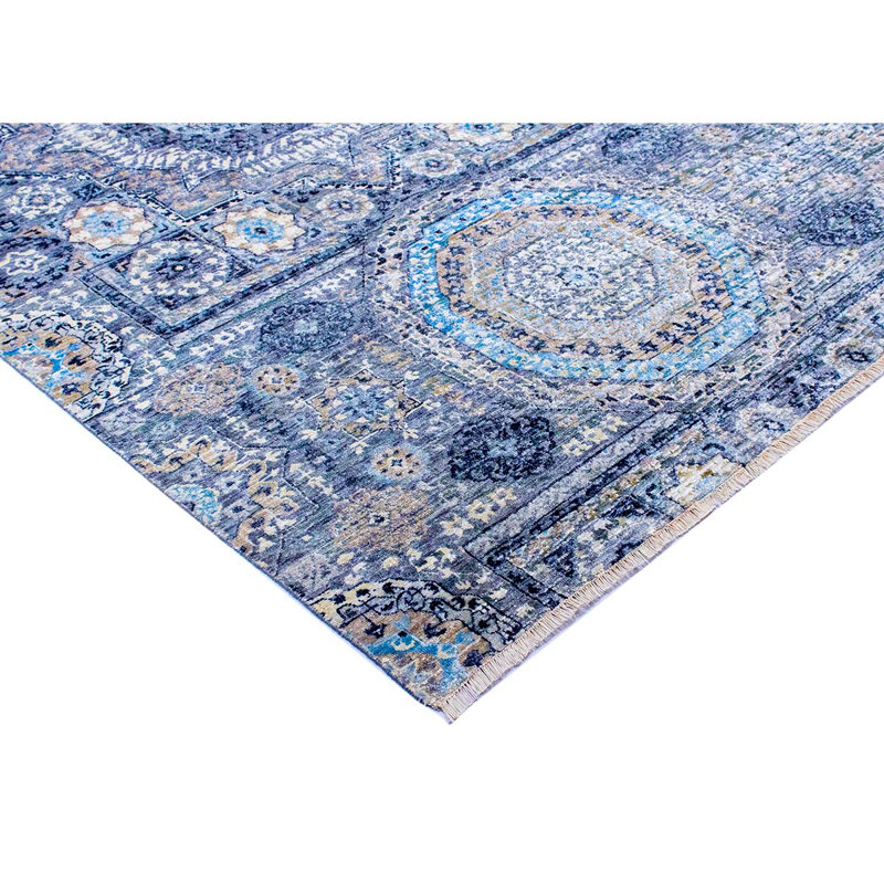 Hand-Knotted Wool/Silk Floral Area Rug in Beige/Gray/Blue, Rectangle 9' x 12'